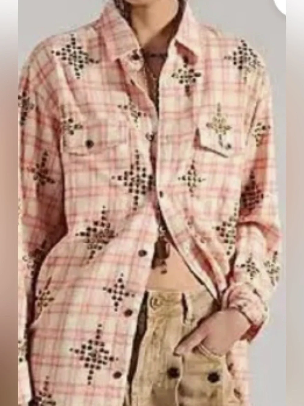 FREE PEOPLE X ONE TEASPOON LUNAR STUDDED COTTON FLANNEL BUTTON DOWN NWT sz L - Picture 1 of 4
